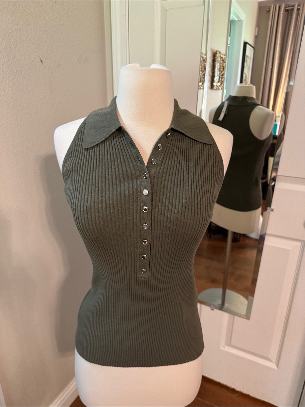 WHBM Olive Green Ribbed Henley Halter Polo Tank